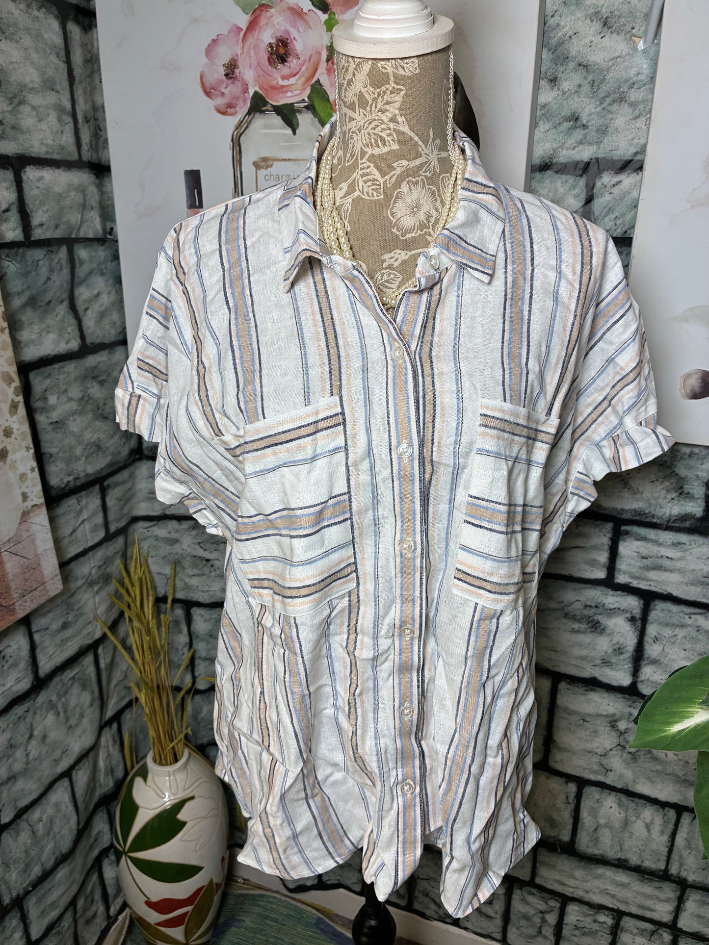 Cato Button Blouse White Tan Blue Women sz XL