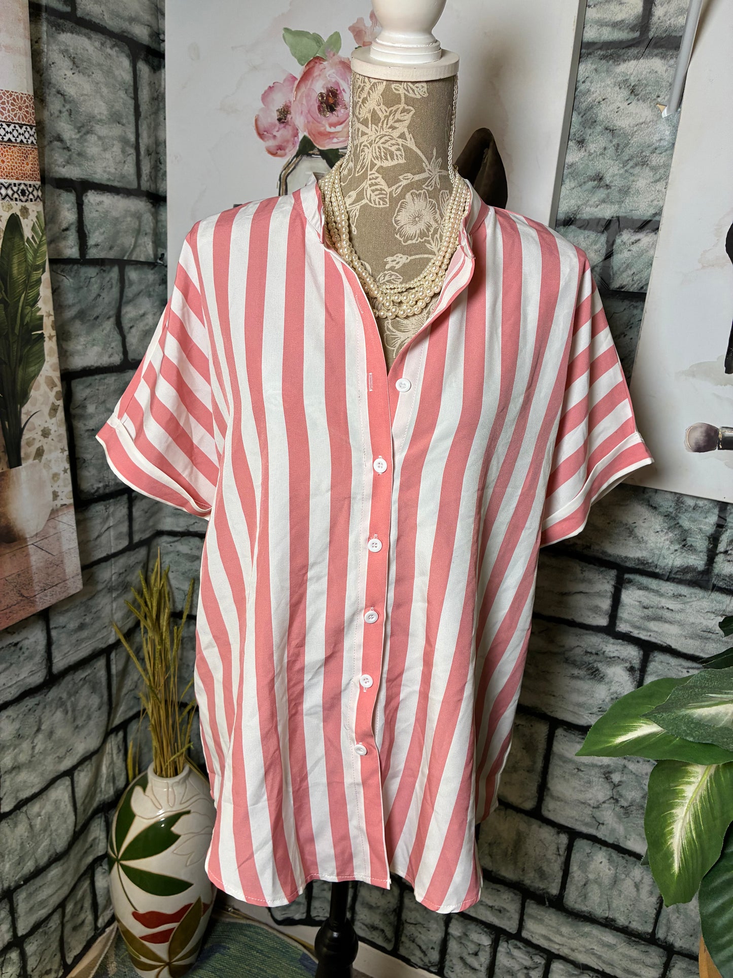 Pink White Button Blouse Women sz Large
