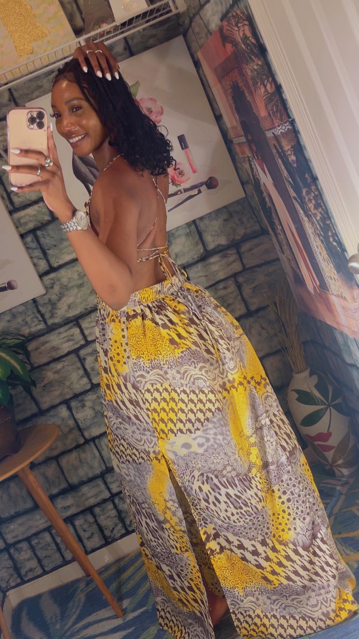 Shein Brown Yellow Dress Women sz Medium