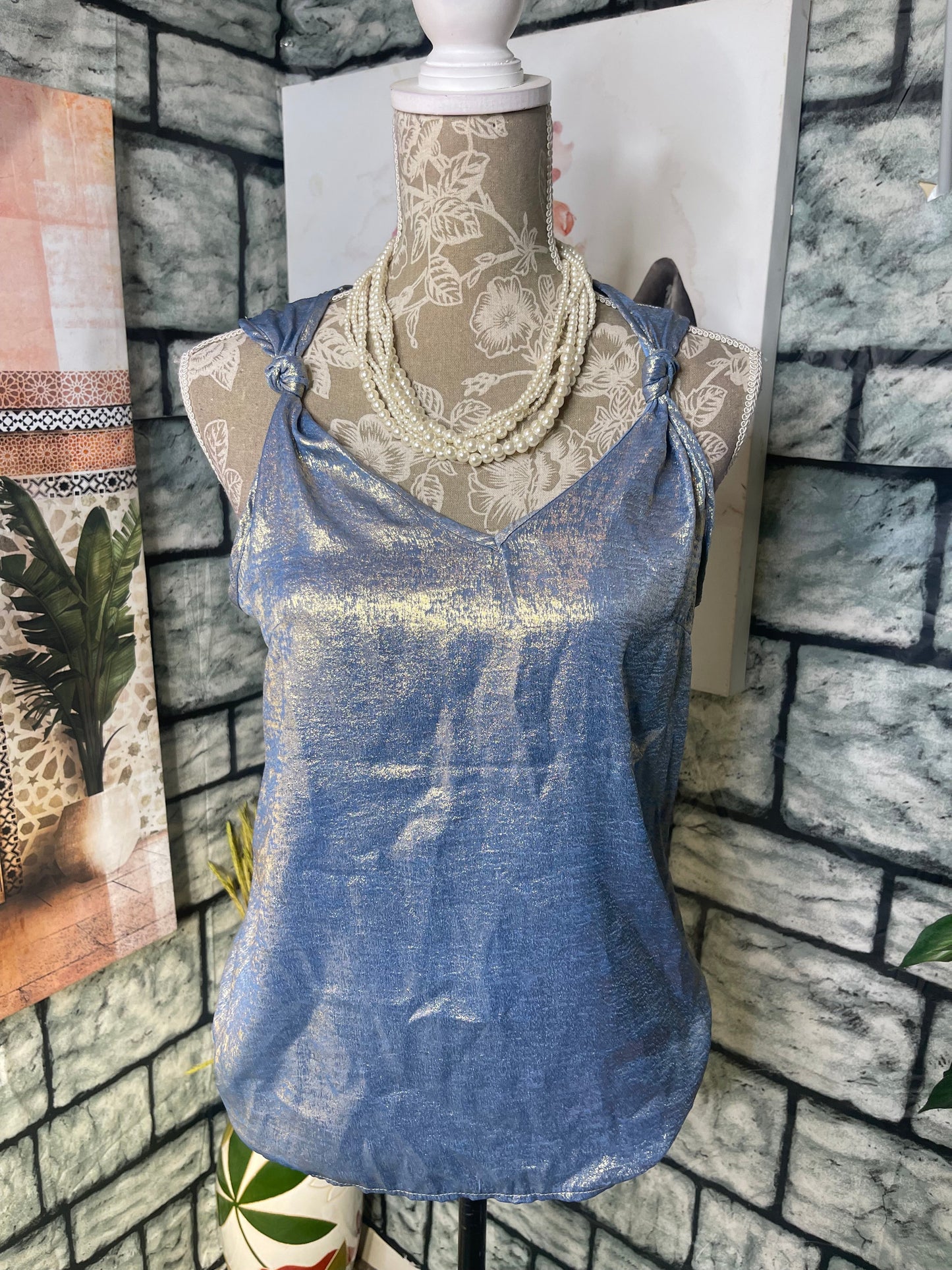 Shein Blue Gold Blouse Women sz Small