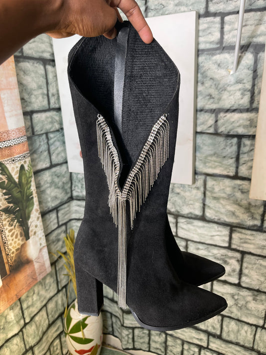 Black Fringe Rhinestone Heels Women sz 9