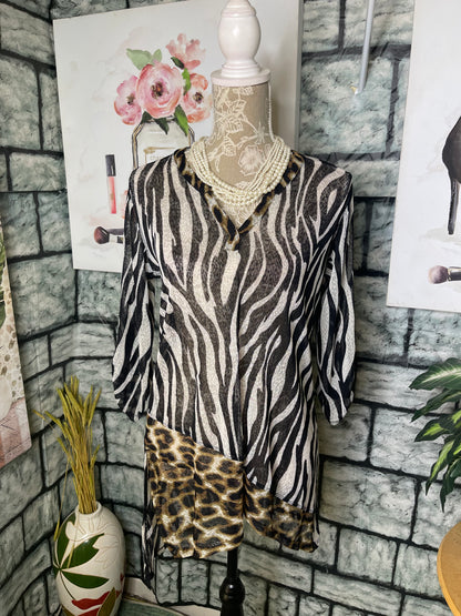 Multiples Black Brown Print Blouse Women sz Small