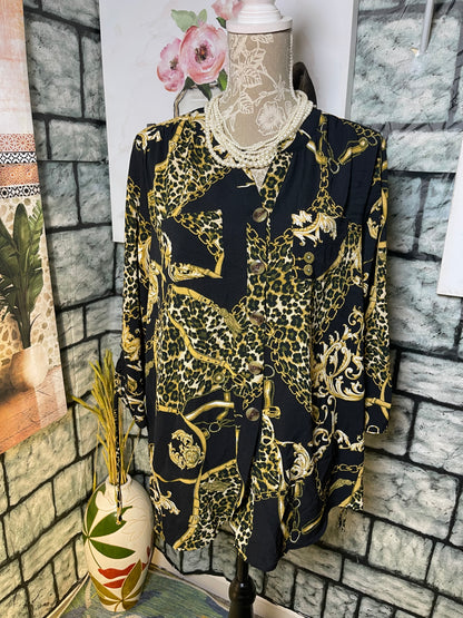 New Directions Black Yellow Button Blouse Women sz XL