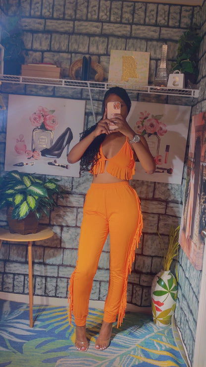 Orange fringe 2 piece set women sz small (can fit medium)