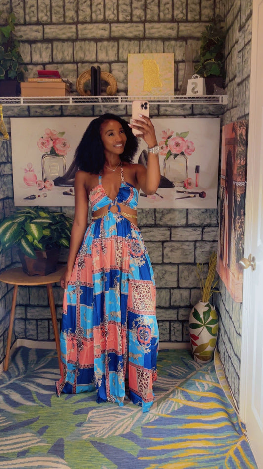 NEW V Cut Maxi Dress  Blue Print Women S-L