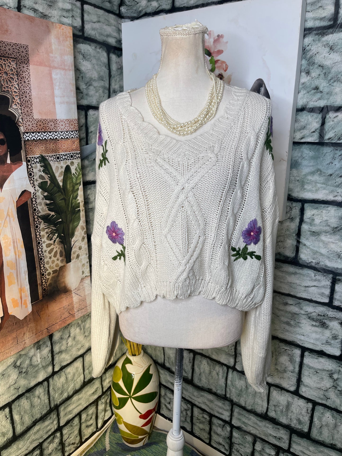 Shein Beige Floral Crop Sweater Women sz 3XL