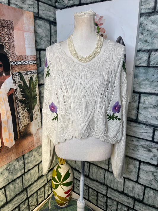 Shein Beige Floral Crop Sweater Women sz 3XL
