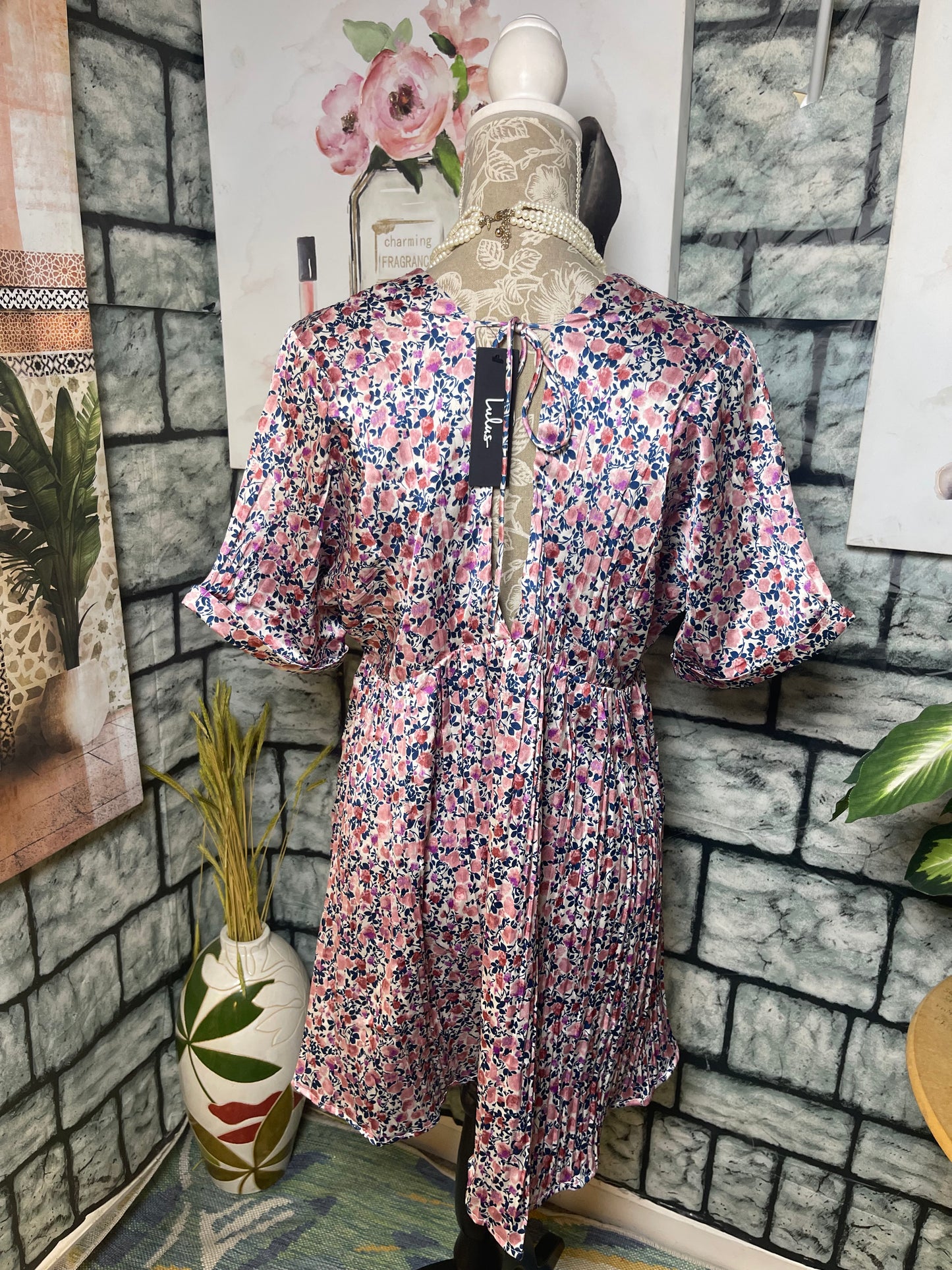 NEW Lulus Pink Blue Floral Dress Women sz Large