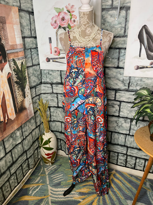 Shein Blue Red Print Jumpsuit Women sz Large