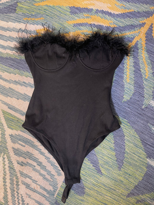 Entro Black Feather Bodysuit Blouse Women sz Small