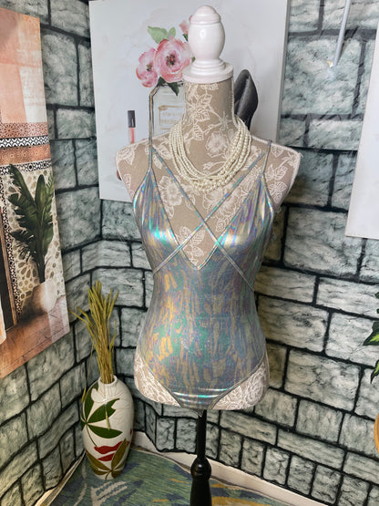 Fashion Nova Silver Bodysuit Top Women sz Medium