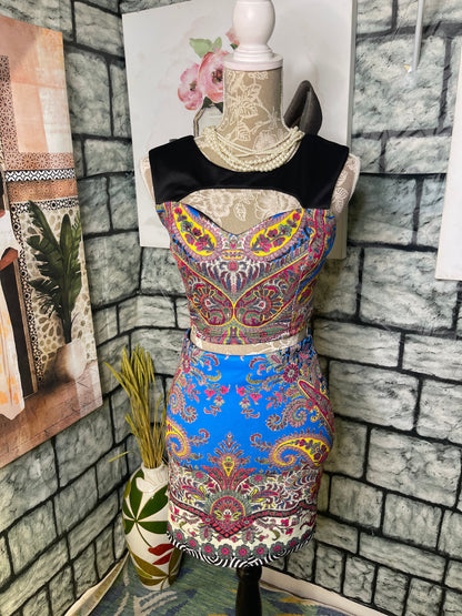 Bebe Blue Red Print 2 Piece Skirt Women sz Small