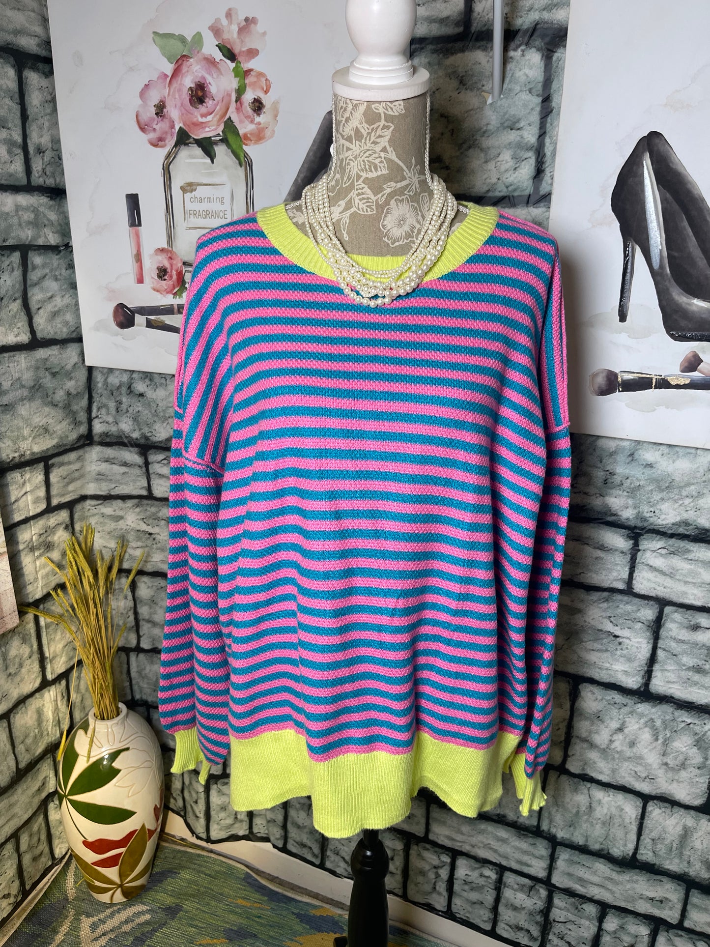 Pink Green Blue Sweater Women sz XL