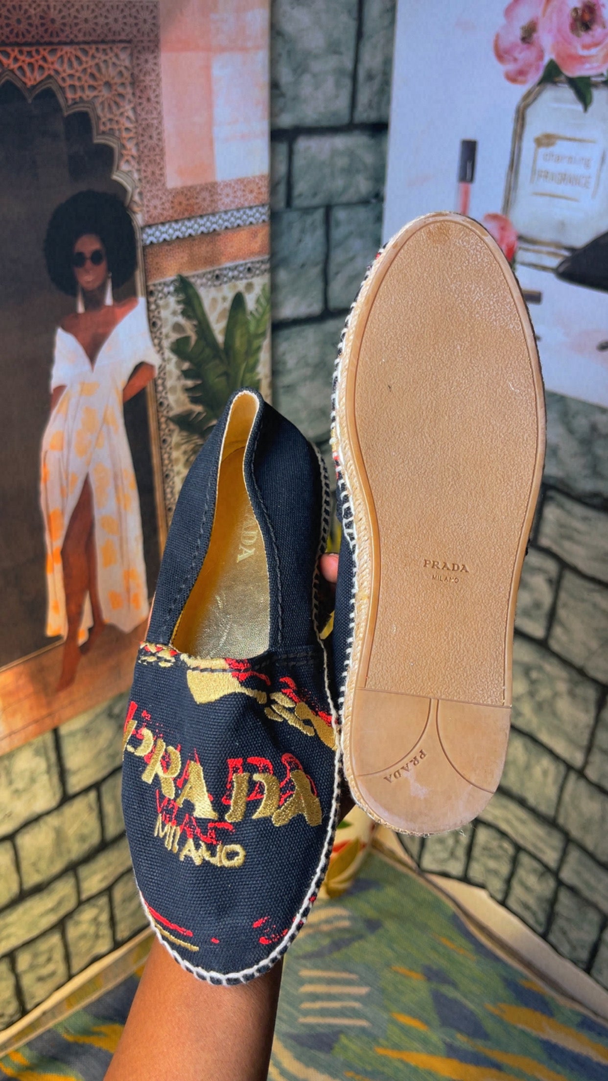 Prada Black Red Slip On Women sz 36.5 = 6.5
