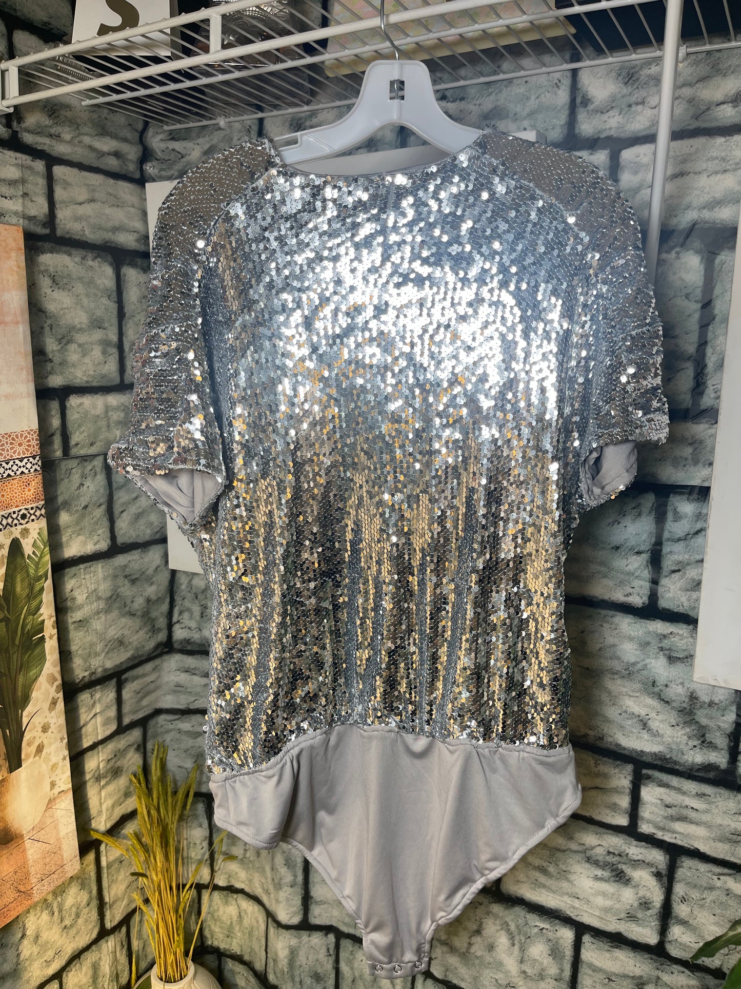 Silver Sequin Bodysuit Blouse Women sz XL