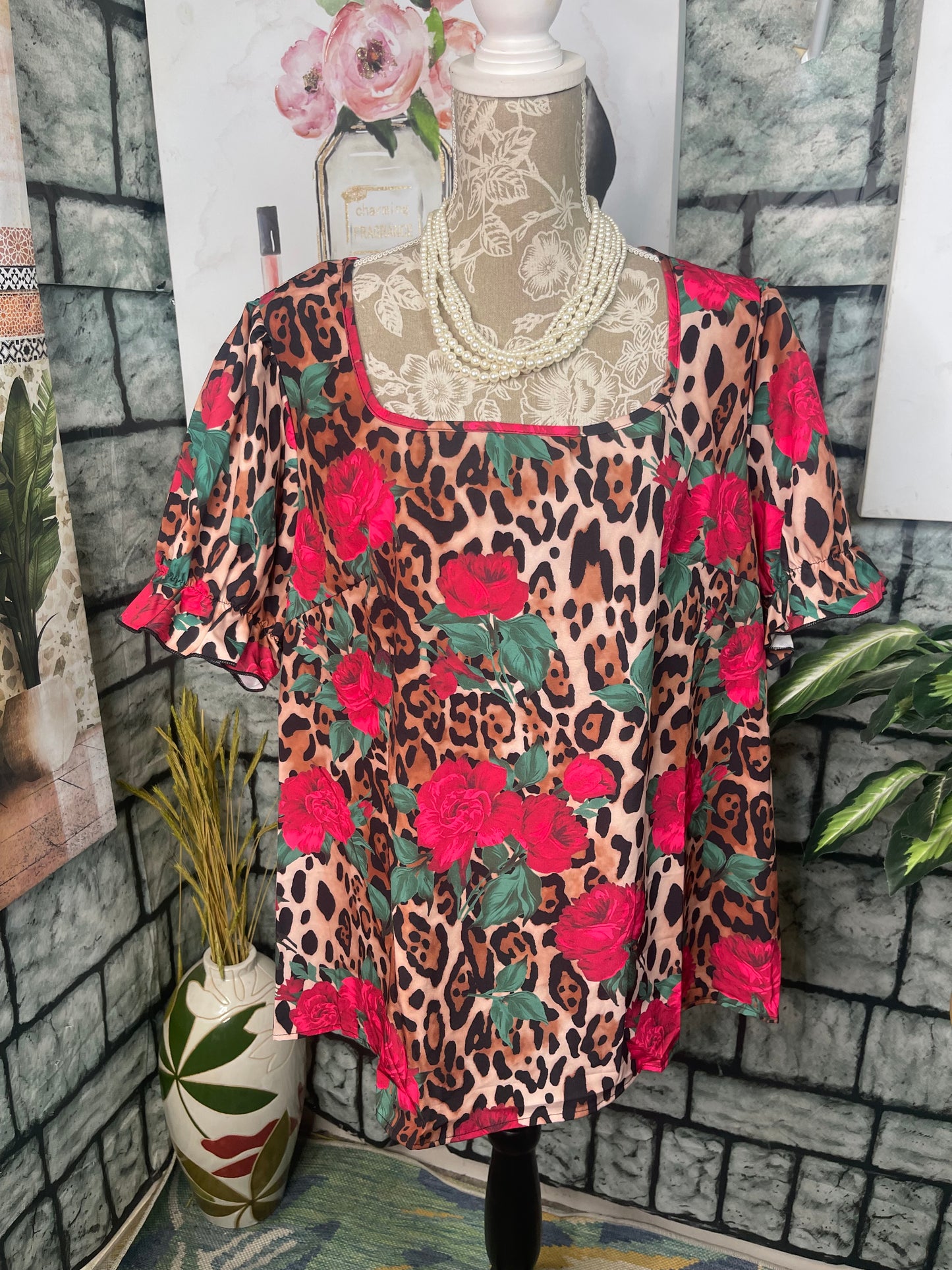 Shein Brown Print Blouse Women sz 2XL