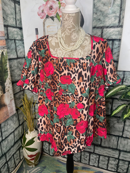 Shein Brown Print Blouse Women sz 2XL