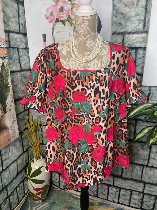 Shein Brown Print Blouse Women sz 2XL
