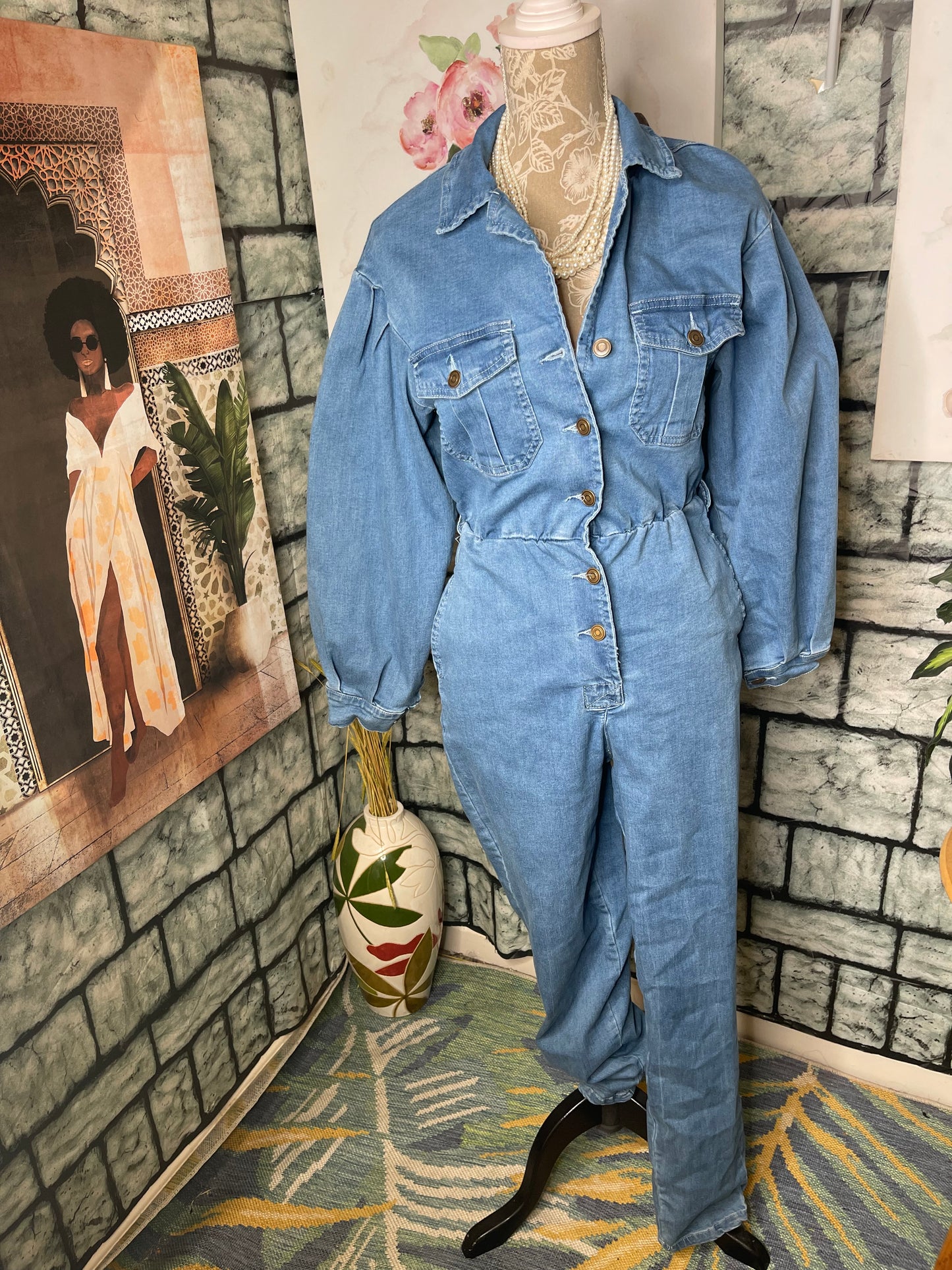 Fashion Nova Blue Denim Jumpsuit Women sz Medium