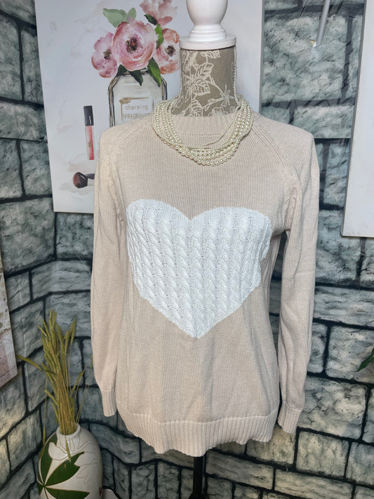 Tan White Heart Sweater Women sz One Size (best fits up to Medium)