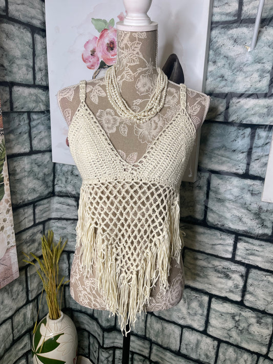 Vivid Fringe Off White Top Women sz Medium
