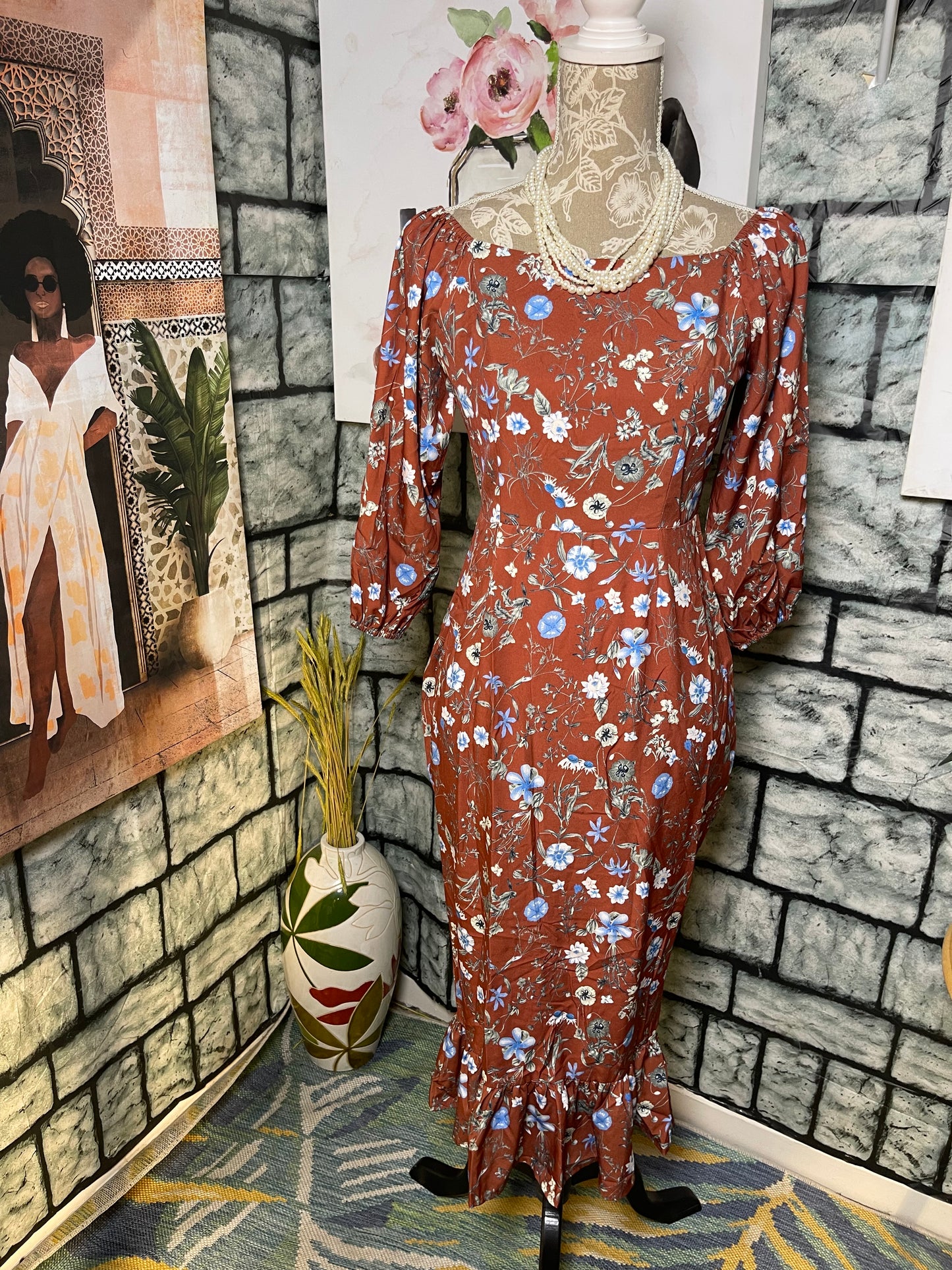 Shein Brown Blue Floral Dress Women sz Small