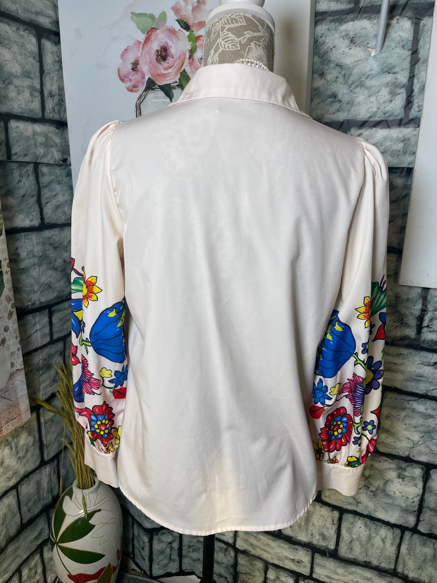 Shein Beige Print Blouse Women sz Small