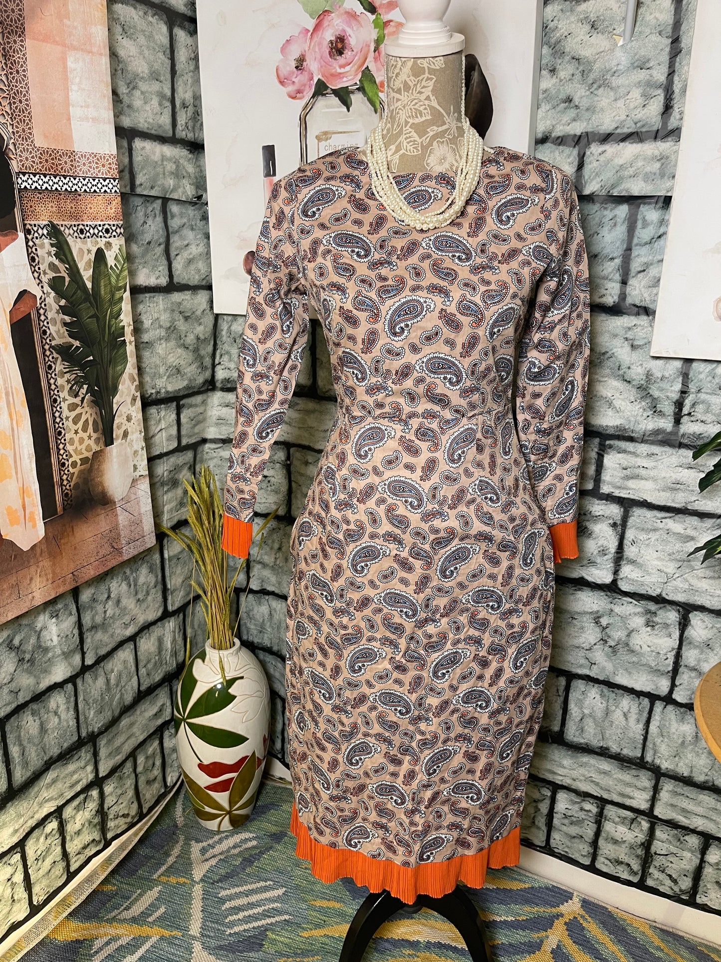 Dainly Jewell Tan Orange Print Dress Women sz Small