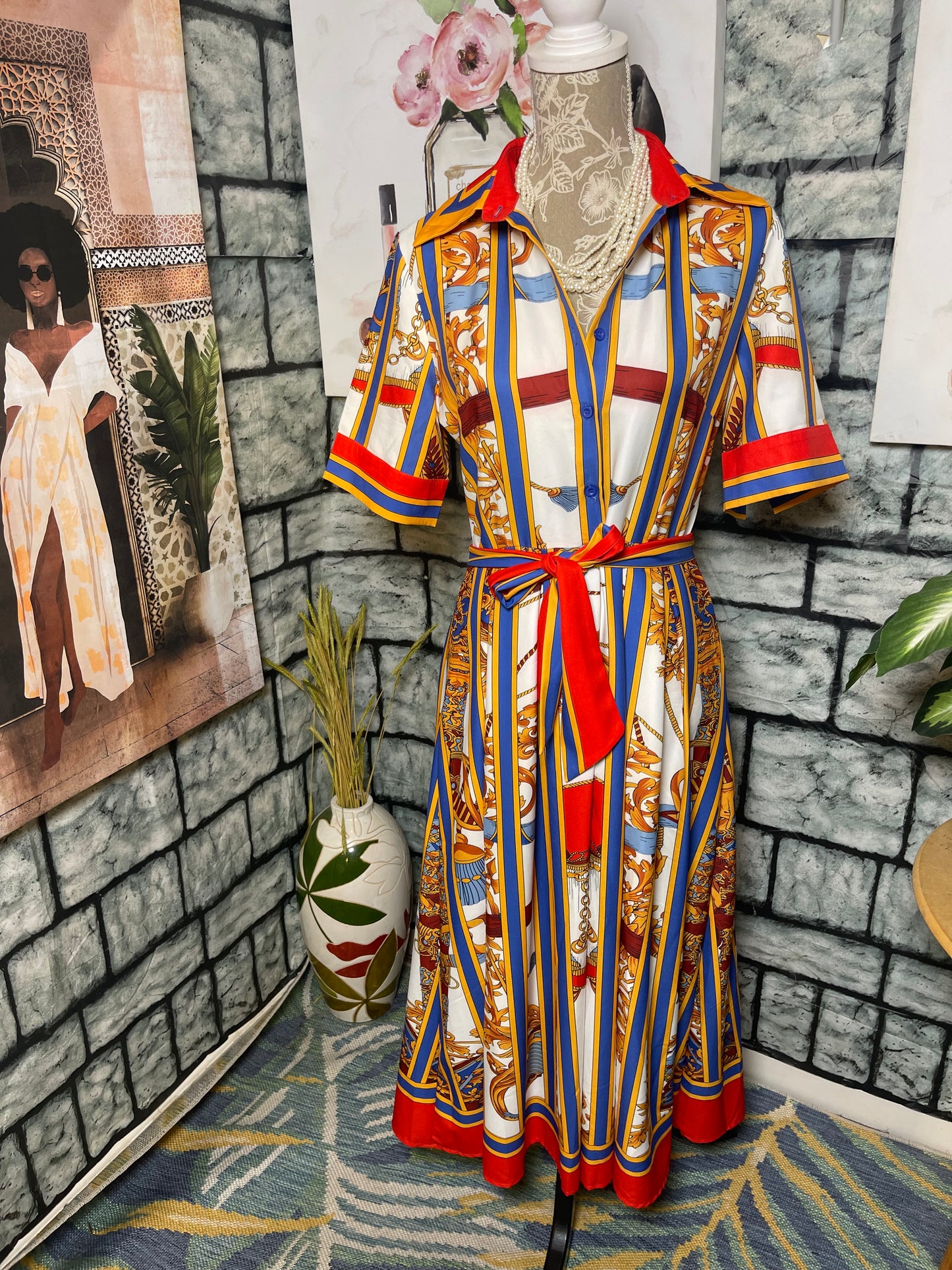 Beige Red Yellow Print Dress Women sz XL