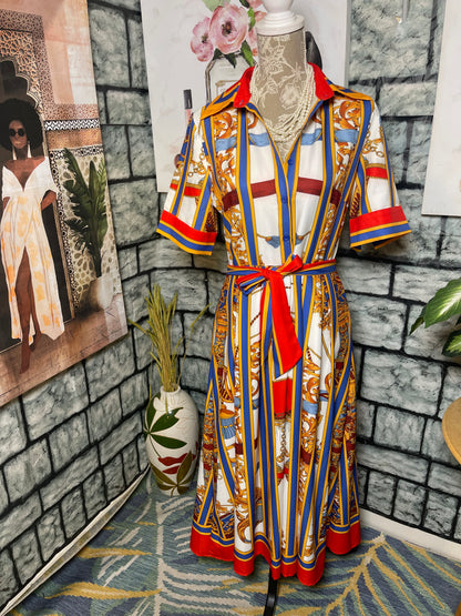 Beige Red Yellow Print Dress Women sz XL