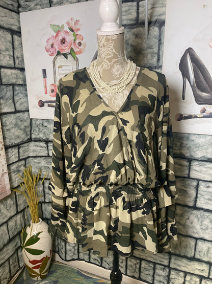 Ashley Stewart Green Camo Blouse Women sz 18/20