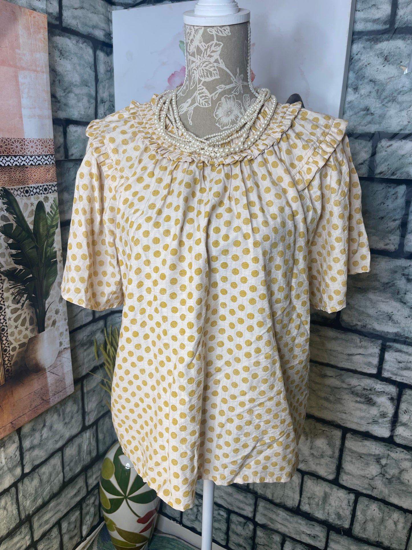 Voy Yellow Tan Polka Dot Blouse Women sz Small