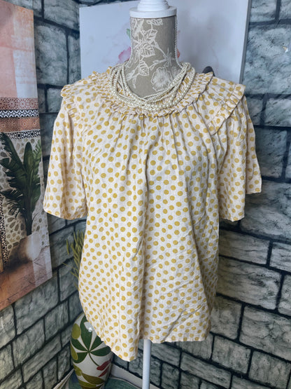 Voy Yellow Tan Polka Dot Blouse Women sz Small