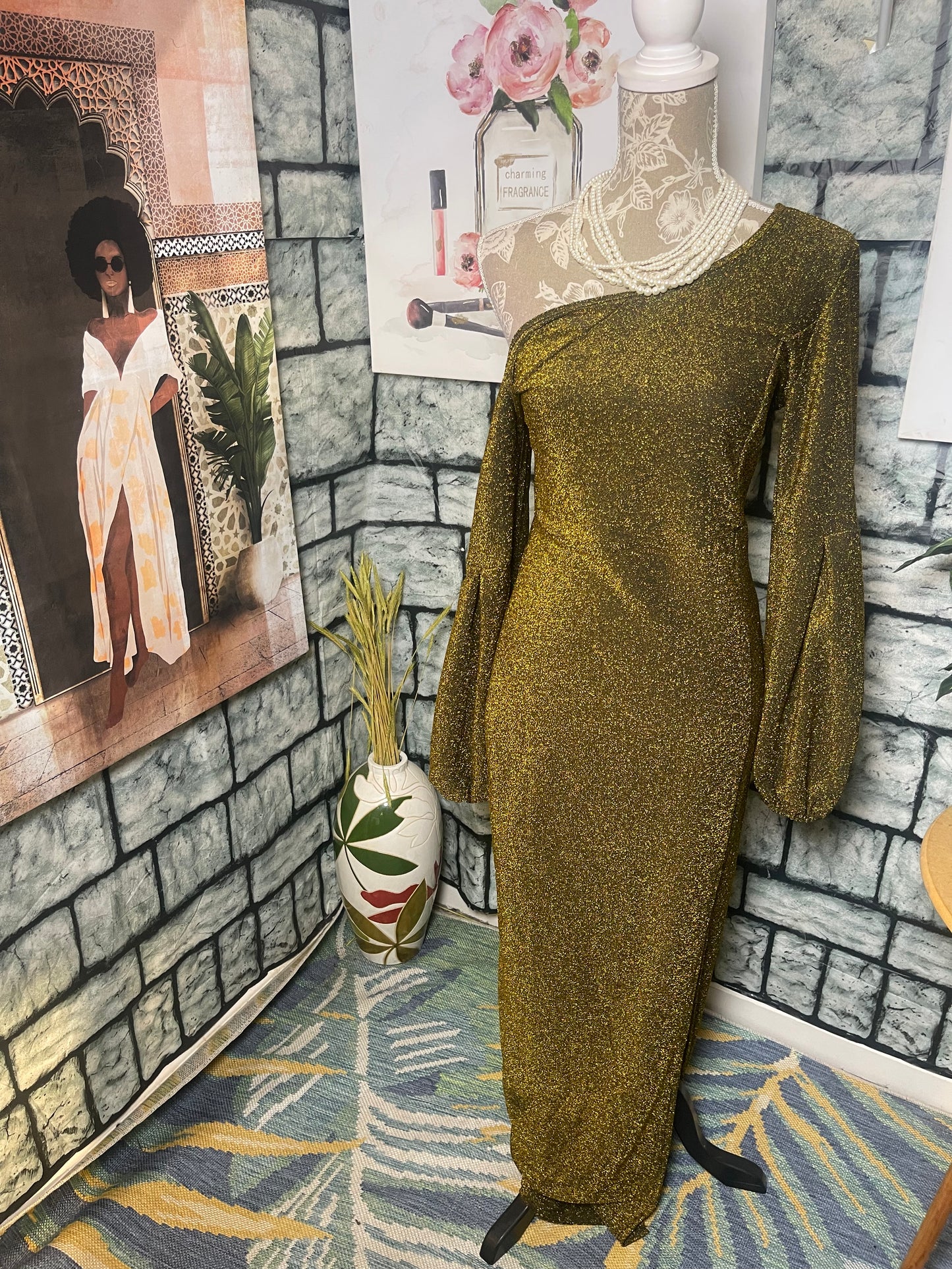 Gold Black Dress Women sz Medium
