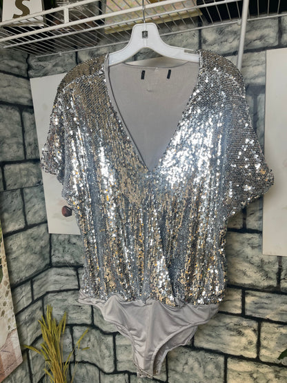 Silver Sequin Bodysuit Blouse Women sz XL
