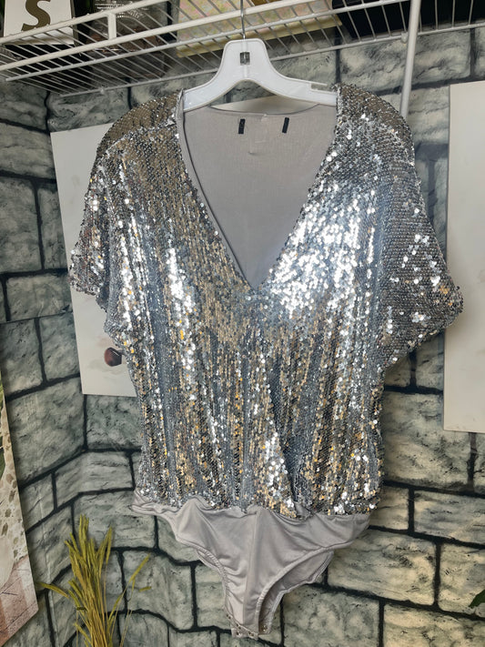 Silver Sequin Bodysuit Blouse Women sz XL