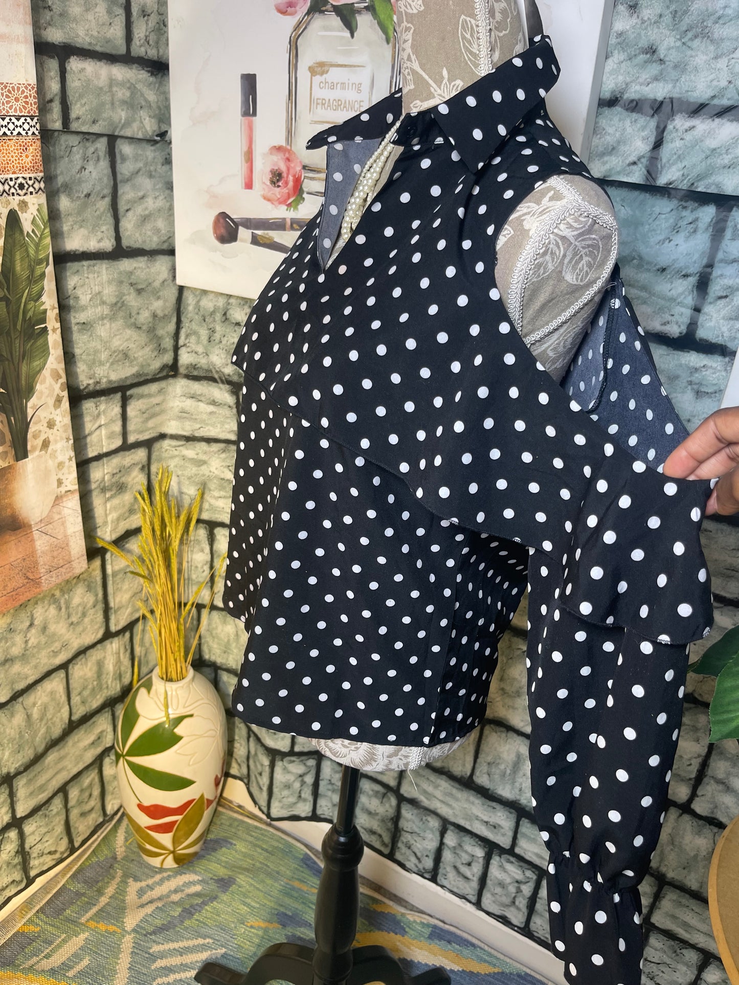 Black White Polka Dot Blouse Women sz Small