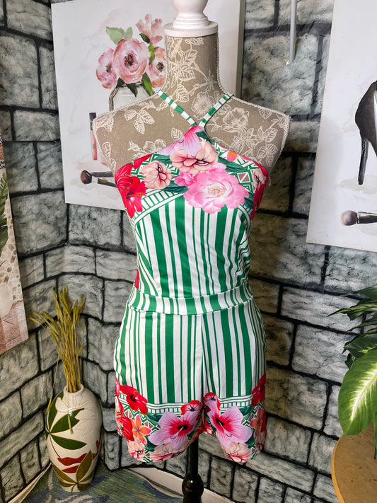 Pink Green Floral Romper Women sz Small
