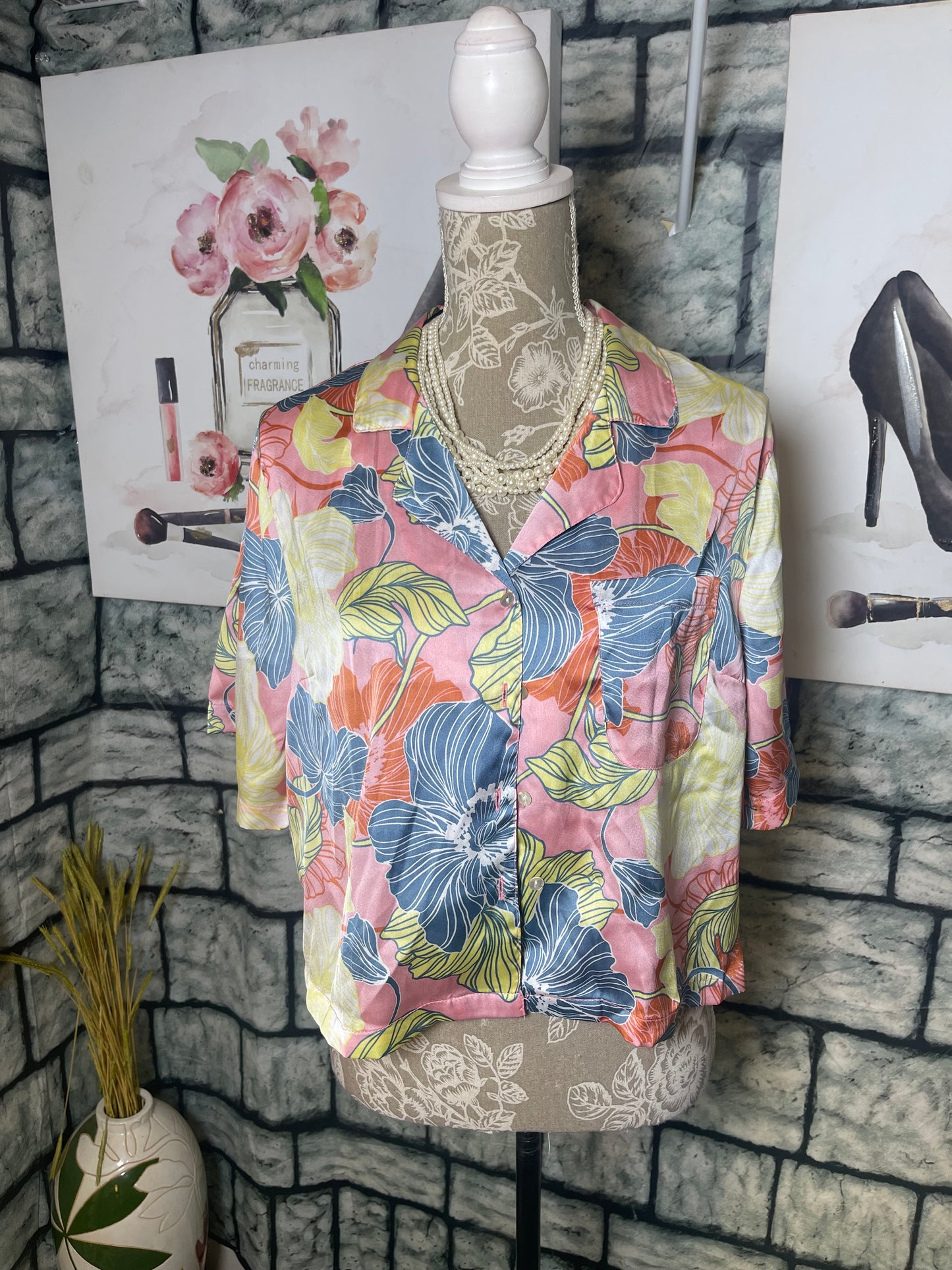 NEW Rachel Zoe Pink Floral Blouse Women sz Large