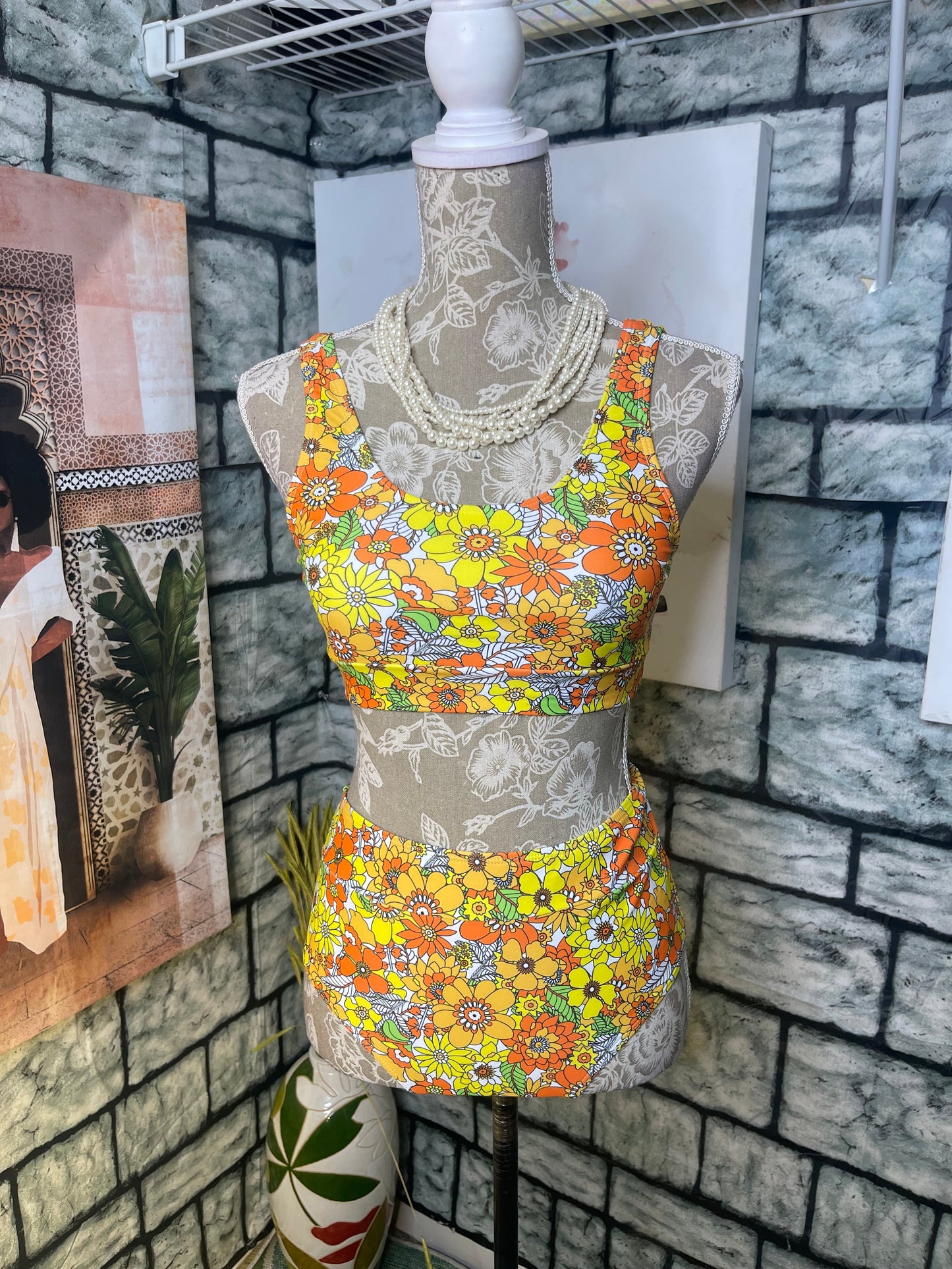 Romwe Yellow Floral Swimsuit Women sz Small