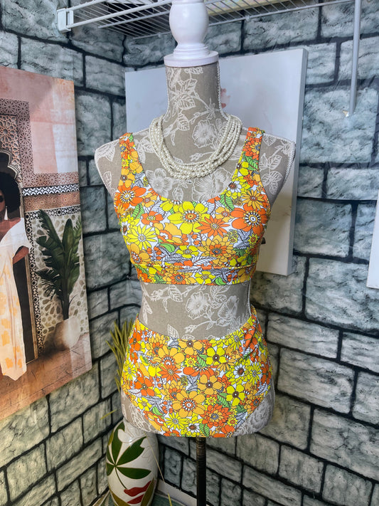 Romwe Yellow Floral Swimsuit Women sz Small