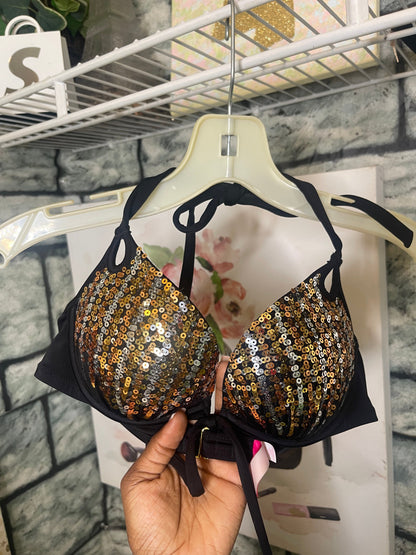 Victoria Secret Black Gold Sequin Swimsuit Top Women sz 34B