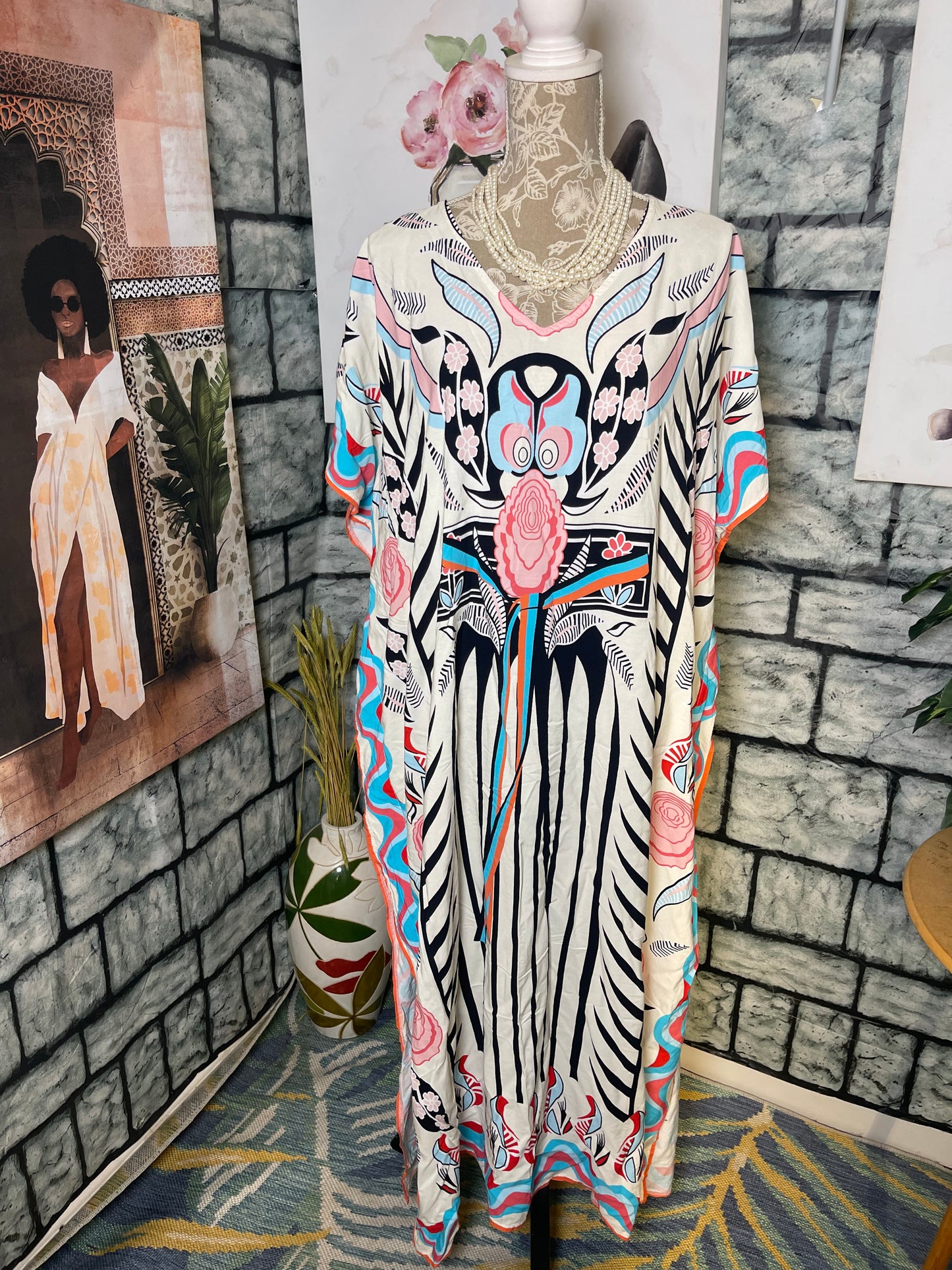 Beige Black Blue Print Dress Women sz One Size (best fits up to XL)