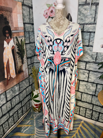 Beige Black Blue Print Dress Women sz One Size (best fits up to XL)