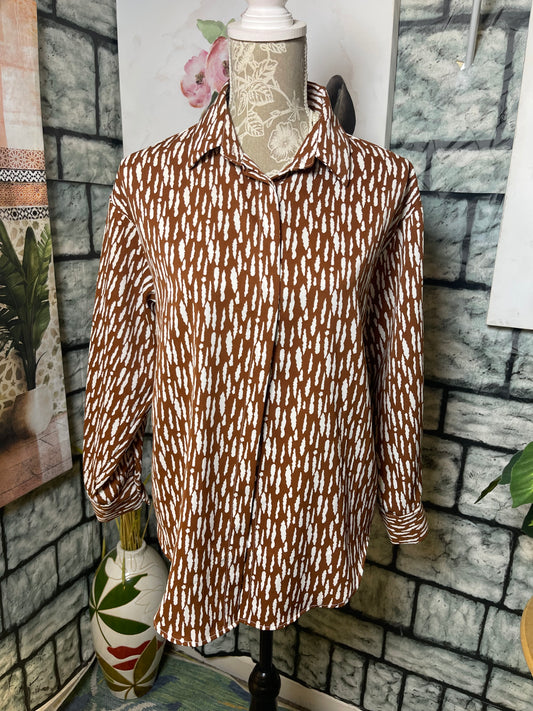 Brown White Button Blouse Women sz Small