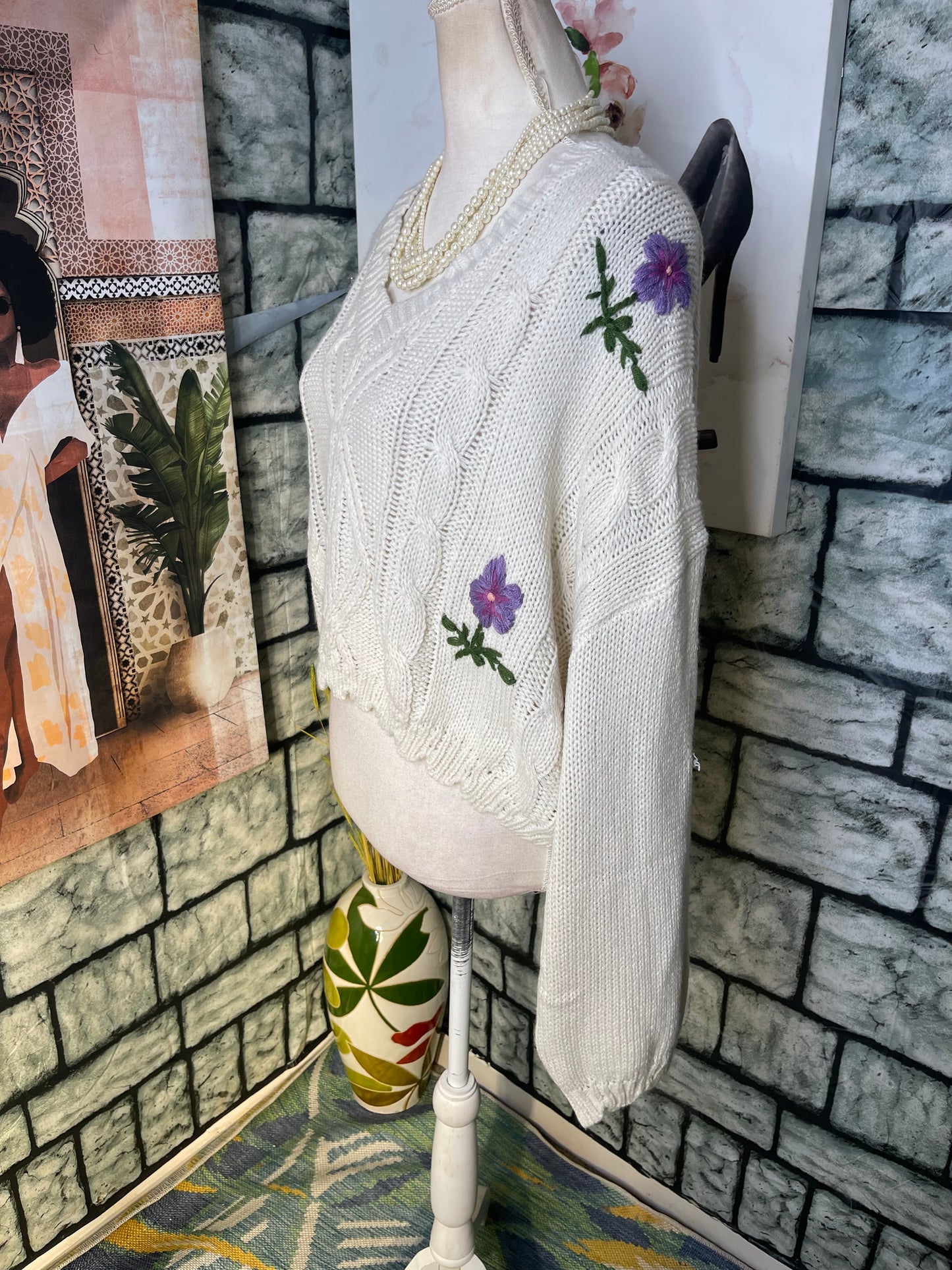 Shein Beige Floral Crop Sweater Women sz 3XL