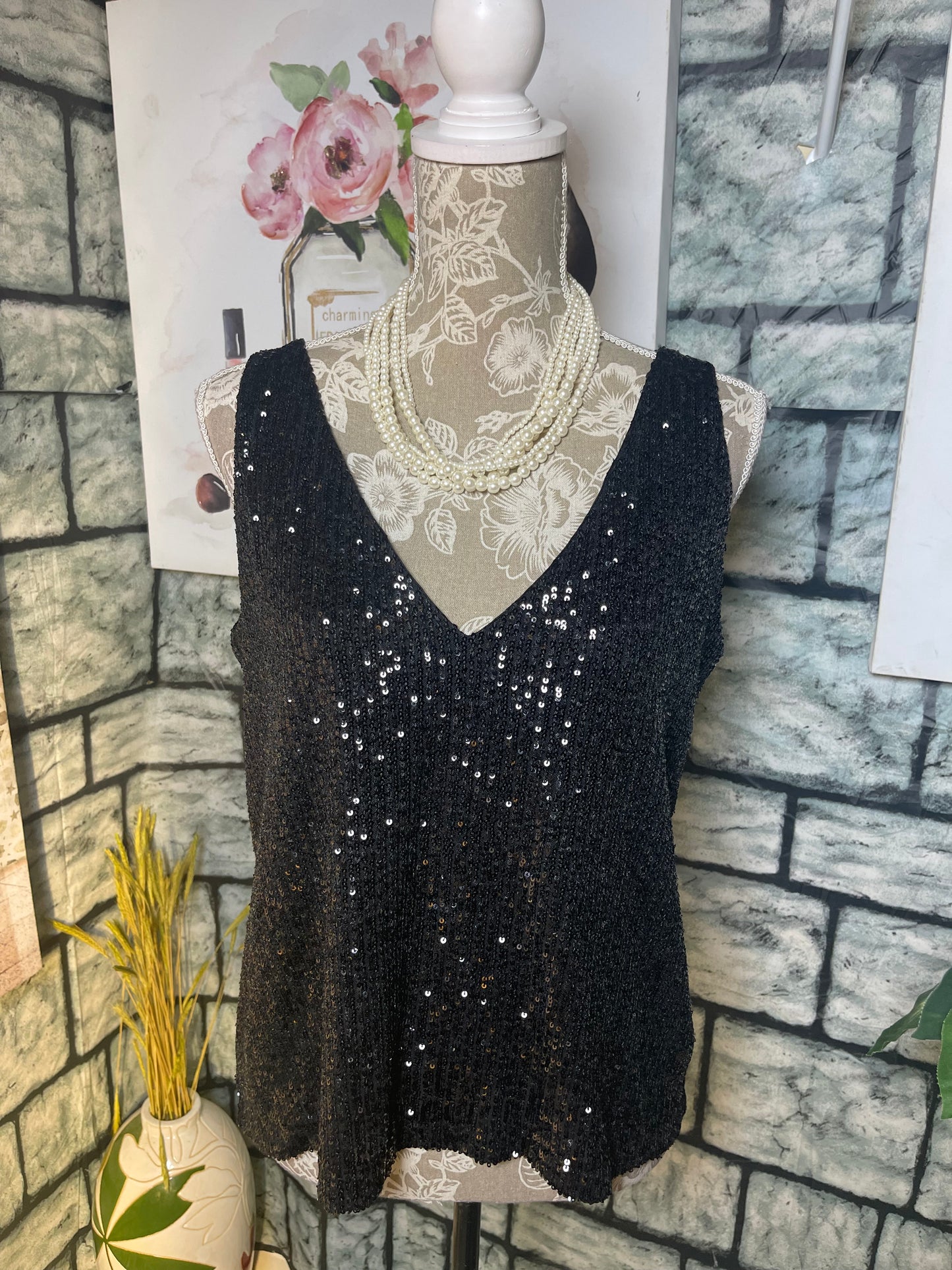 Shinestar Black Sequin Blouse Women sz Medium