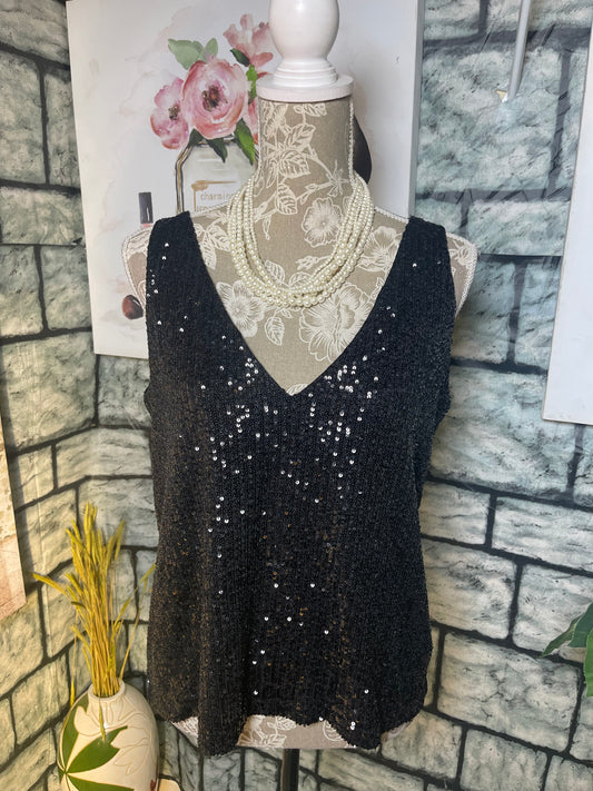Shinestar Black Sequin Blouse Women sz Medium