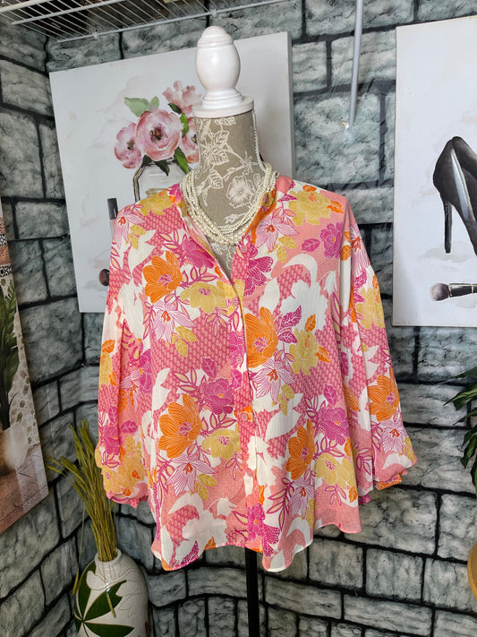 Fate Pink Orange Floral Blouse Women sz Medium