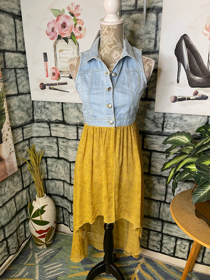 Forever 21 Blue Yellow Denim Blouse Women sz Small